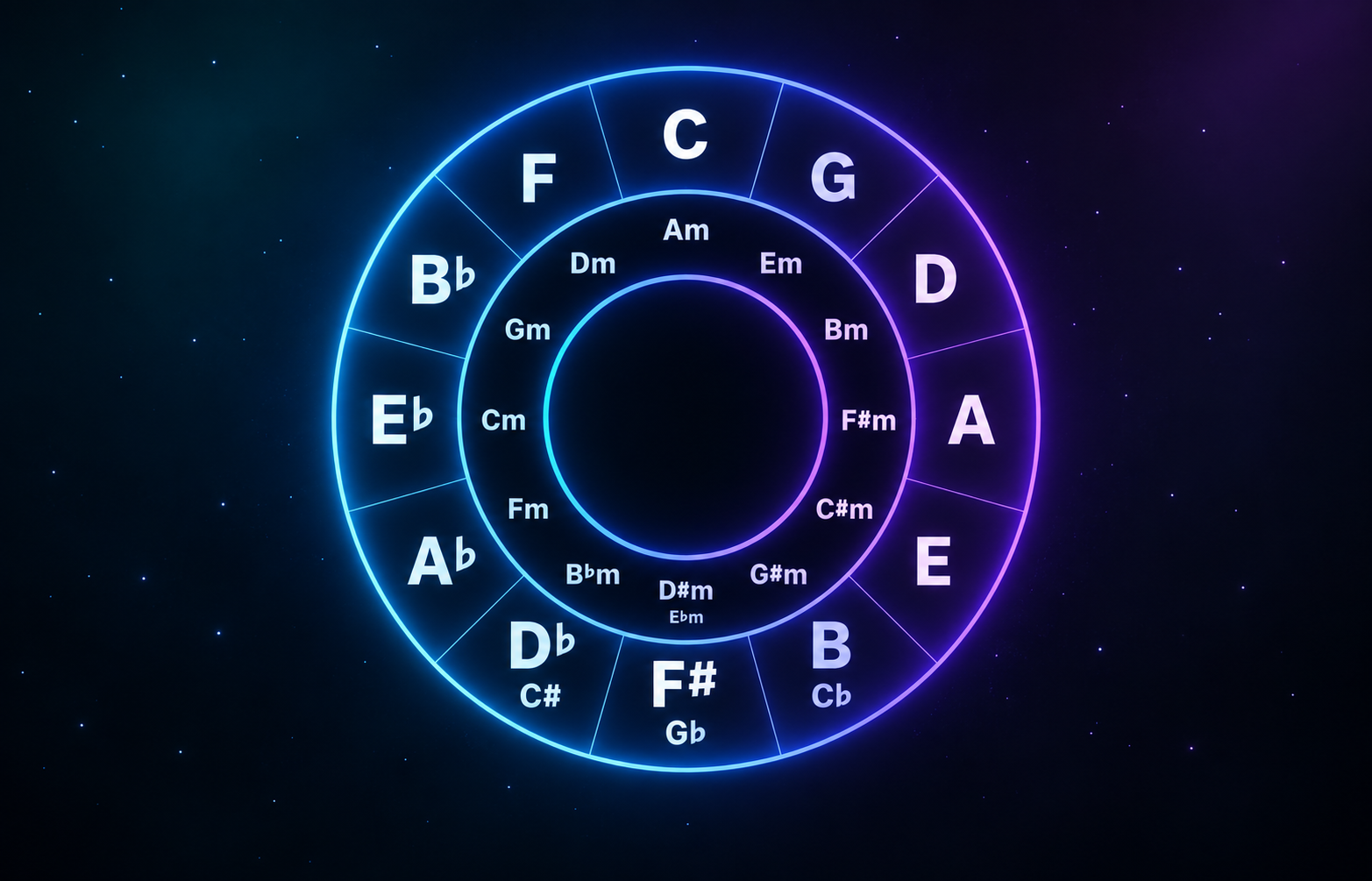 Circle of fifths diagram showing major keys on the outer ring and relative minor keys on the inner ring.