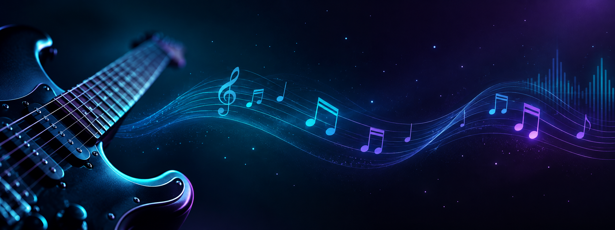 Electric guitar with glowing music notes across a starry blue and purple background