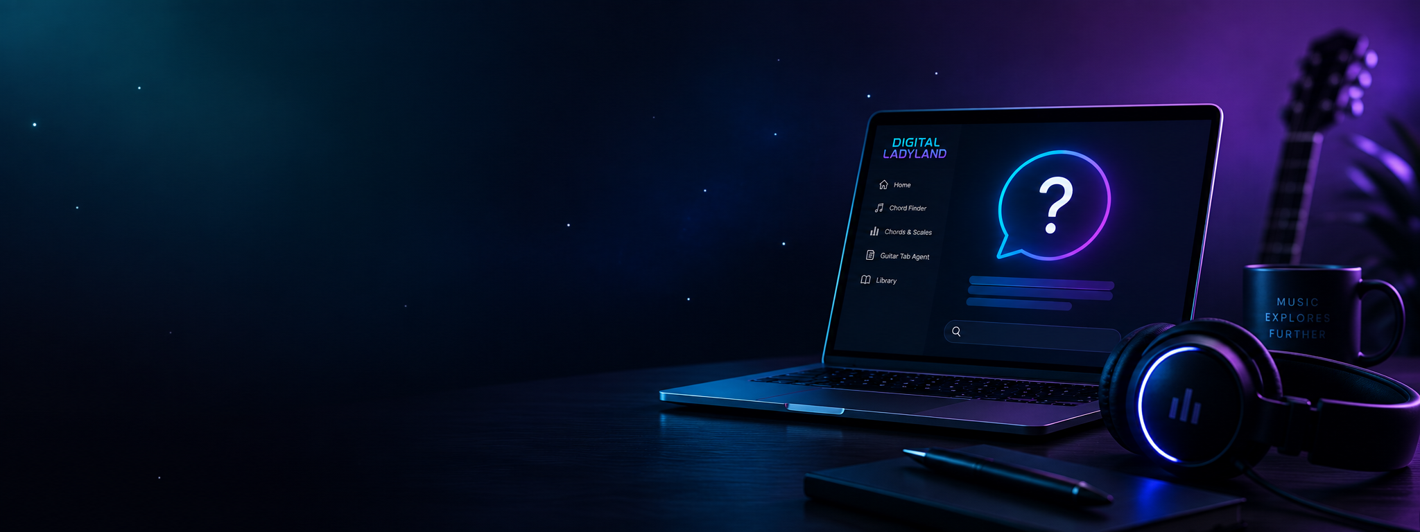 Digital Ladyland support screen on a laptop beside headphones and a guitar in blue and purple light